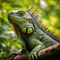 Obraz premium A big green iguana lizard in nature.