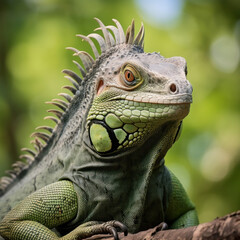 Obraz premium A big green iguana lizard in nature.