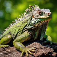 Fototapeta premium A big green iguana lizard in nature.