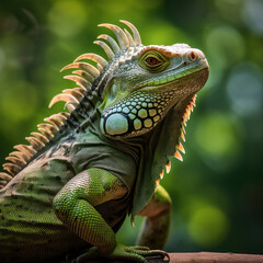 Obraz premium A big green iguana lizard in nature.