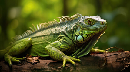 Fototapeta premium A big green iguana lizard in nature.