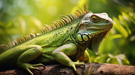 Obraz premium A big green iguana lizard in nature.