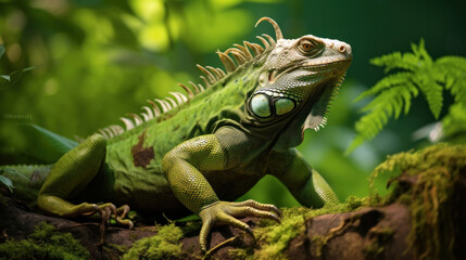 Fototapeta premium A big green iguana lizard in nature.
