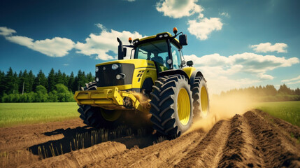 Obraz premium A big powerful tractor pulls the field.