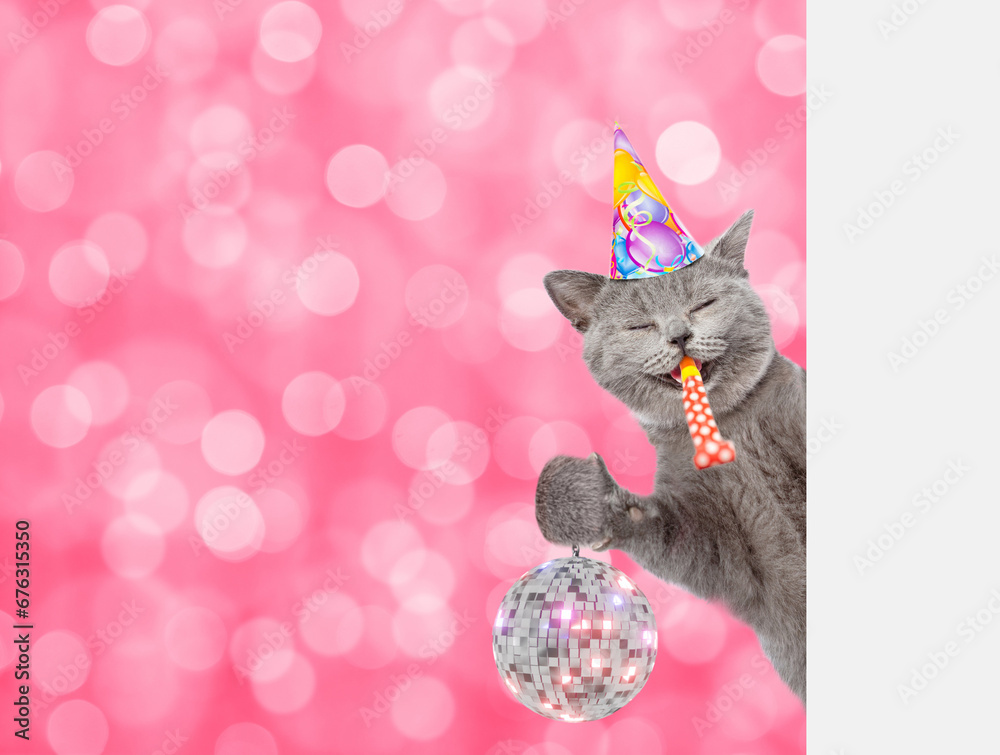 Aufkleber Smiling cat wearing party cap looks from behind empty white banner and shows disco ball and  blows into party horn. Festive background. Empty space for text