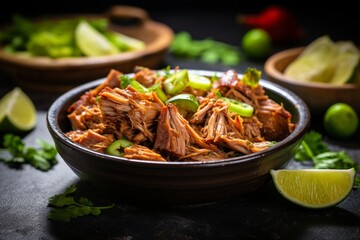 Crispy Carnitas Delight: Pork Carnitas Served in a Bowl, Accompanied by Fresh Celery and Zesty Lime Wedges for a Burst of Flavor