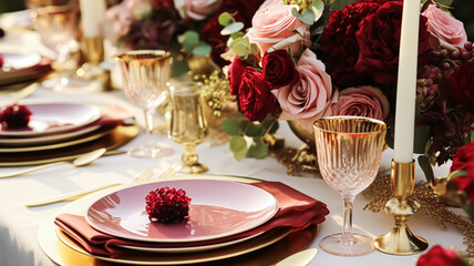 Wedding and event celebration tablescape with flowers, formal dinner table setting with roses and wine, elegant floral table decor for dinner party and holiday decoration, home styling