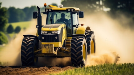 Fototapeta premium A big powerful tractor pulls the field.