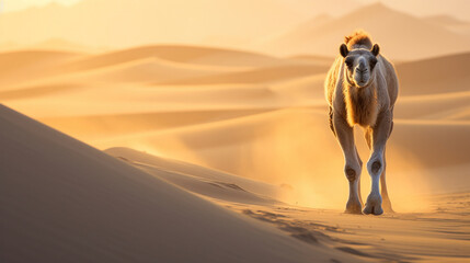 A camel going through the sand dunes, Gobi desert Mongolia.