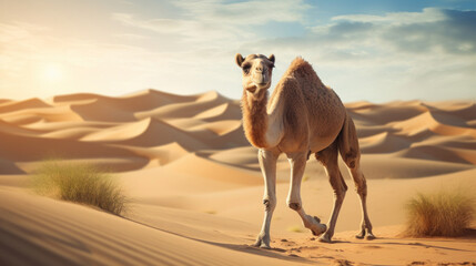 A camel going through the sand dunes, Gobi desert Mongolia. - obrazy, fototapety, plakaty