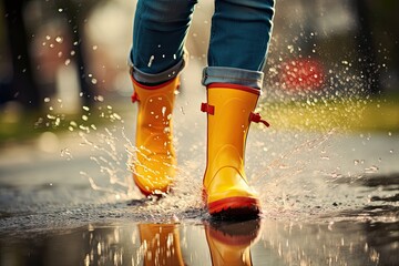 Person walking through puddle after rain. Yellow boots close up. Generative AI