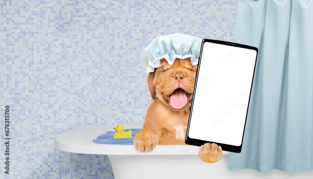 Poster happy mastiff puppy wearing shower cap takes the bath shows big smartphone with white blank screen i