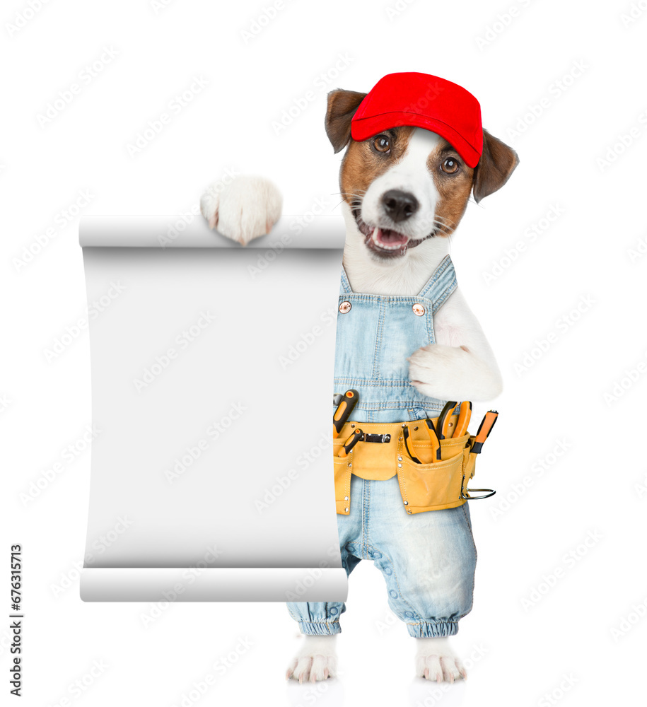 Poster funny puppy wearing red cap and denim overalls with tool belt shows empty list. isolated on white ba