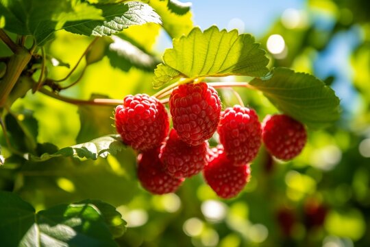 Bounty of Berries: Raspberry Plant Laden with Ripe Red Gems, Sunlit Splendor in a Lush Orchard Setting