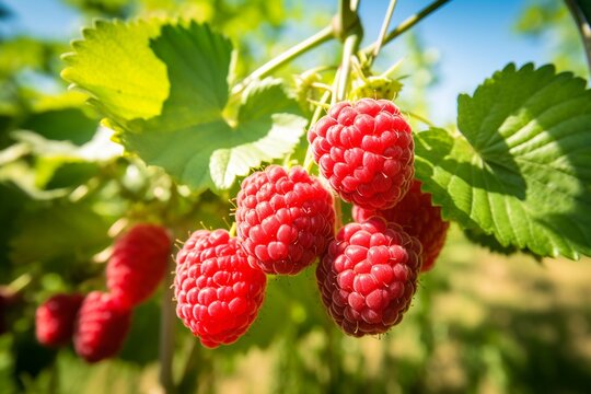 Bounty of Berries: Raspberry Plant Laden with Ripe Red Gems, Sunlit Splendor in a Lush Orchard Setting