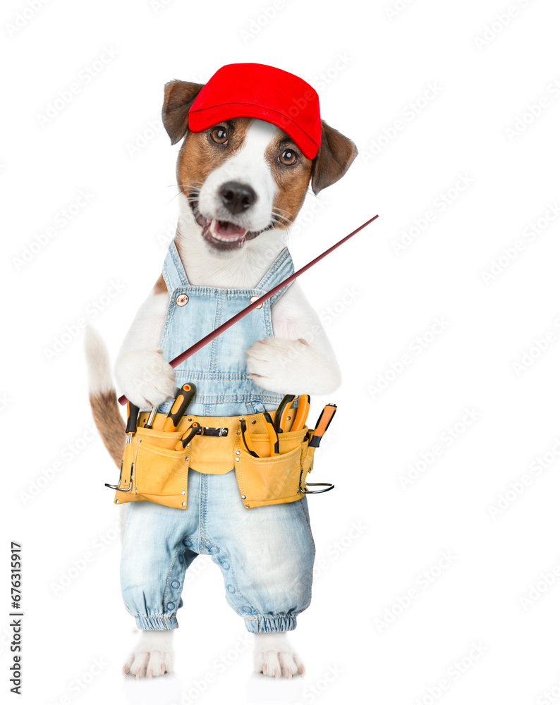 Aufkleber funny jack russell terrier puppy wearing red cap and denim overalls with tool belt points away on em