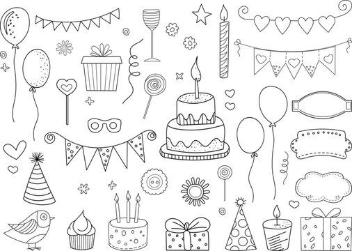 set in doodle style for birthday, vector