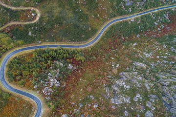 drone aerial view of a winding mountain road, transport concept