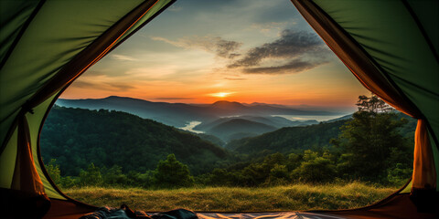 view from a tent in the mountains - obrazy, fototapety, plakaty