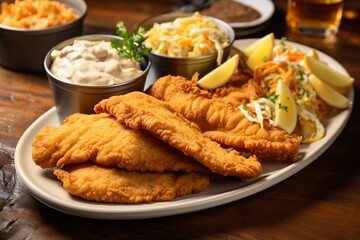 Southern Comfort on a Plate: Buttermilk Breaded Cod or Catfish, Golden Fried to Perfection, Accompanied by Toast for a Flavorful Delight
