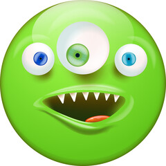 Green Smiling Face with monster mouth and eyes isolated on white background. Green monster smiley face character with white vampire teeth. Halloween day concept illustration, sticker, print and icon
