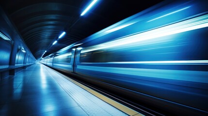 abstract Blue Fast underground subway train racing through the tunnels 