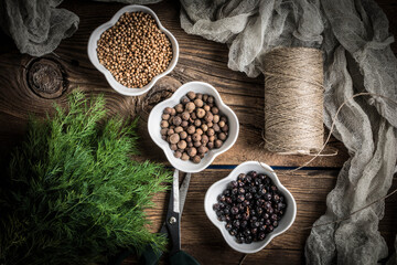 Grain of the herbs in the little bowl.