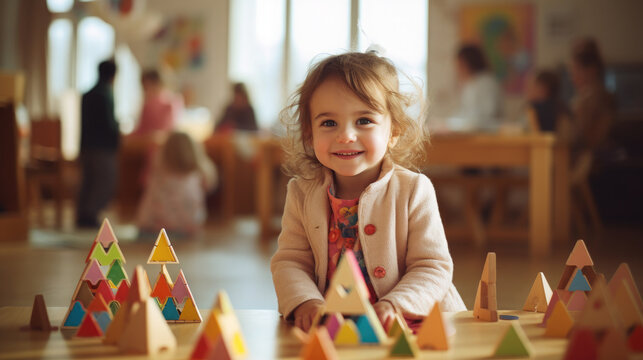 children play in Montessori kindergarten, baby, child, kid, early development, playroom, nursery, primary school, game, fine motor skills, boy, girl, childhood, portrait, face, toddler, room, home