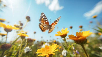 Butterfly with beautiful flowers, nature background with butterflies
