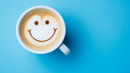 Top view white cup of latte art with a happy smile - obrazy, fototapety, plakaty