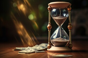Hourglass on a table with falling sand, next to money.