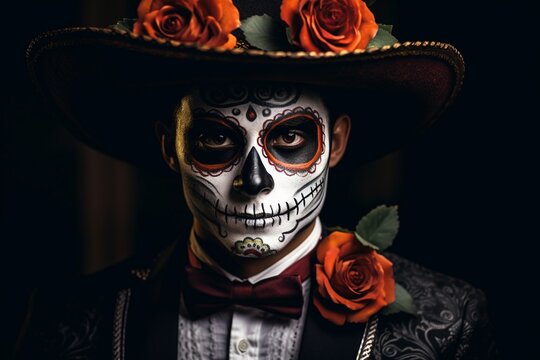 Mexican Tradition Transformed: Young Man Embracing Day of the Dead with Striking Makeup and Costume