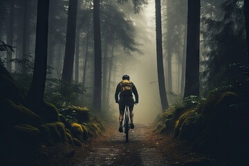 A cyclist ventures through a foggy, winding forest path.