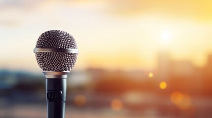 Microphone and bokeh, stage and conference room ,background with graphics