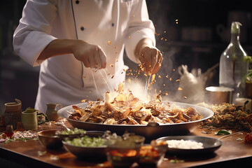 A chef crafting an Asian-inspired dish with Maitake mushrooms in the kitchen, using a variety of spices and ingredients. Levitation. - obrazy, fototapety, plakaty