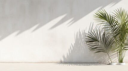  Shadow of palm leaves on white concrete light beige wall - Powered by Adobe