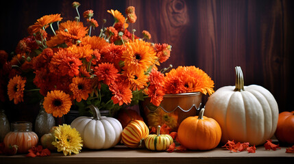 Naklejka na ściany i meble Festive autumn decor of pumpkins flowers and leaves on a wooden background Composition autumn bouquet of flowers and pumpkin created with Generative AI technology