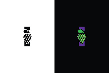 Initial letter I logo. Modern and simple letter I for the Grape symbol logo design with green leaves.