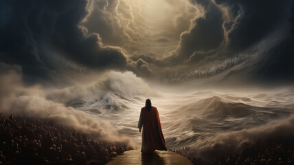 Ocean separate up to form canal. Bible miracle of Moses parting red sea for passage - obrazy, fototapety, plakaty