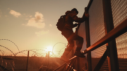Illegal border crossing by migrant over fence between Mexico and United States, sunset light