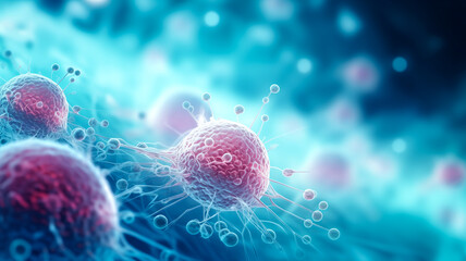 Banner Medical illustration, red cancer cell on blue background - obrazy, fototapety, plakaty