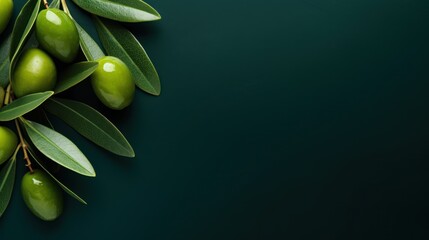 Top view Green olives with leaves on dark green background