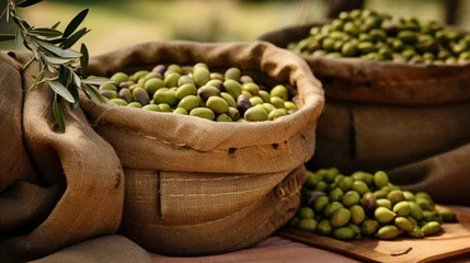 Tuinposter Olives in sacks at olive farm, herbal oil production plant, olives with oil making © CStock
