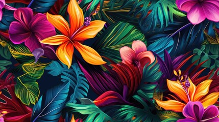 Tropical floral seamless pattern background with exotic flowers, Botanical wallpaper illustration in Hawaiian style