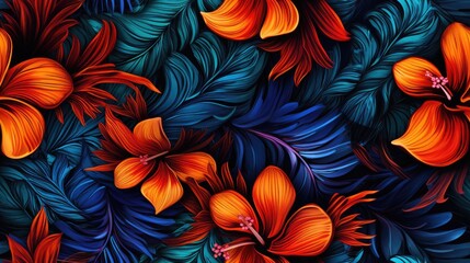 Tropical floral seamless pattern background with exotic flowers, Botanical wallpaper illustration in Hawaiian style - obrazy, fototapety, plakaty