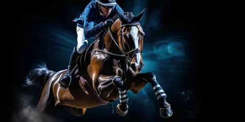 Fototapeten horse and rider jumping over an obstacle © xartproduction