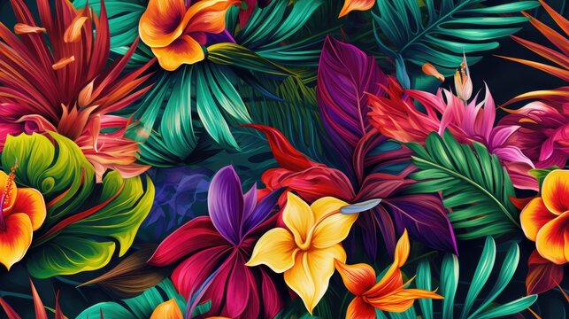 Tropical floral seamless pattern background with exotic flowers, Botanical wallpaper illustration in Hawaiian style