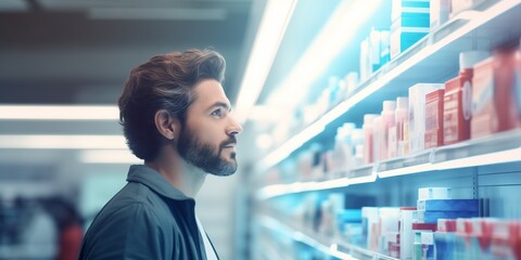 man looking at the products on the shelf - obrazy, fototapety, plakaty