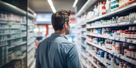 man looking at the products on the shelf - obrazy, fototapety, plakaty
