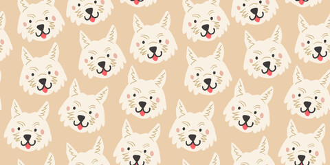 Vector seamless pattern with cute white dog faces. Dog pattern on beige background. Vector illustration